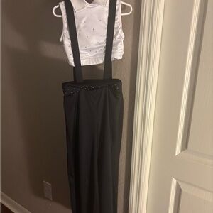Jazz dance costume White Crop Top with Black Suspender Pants